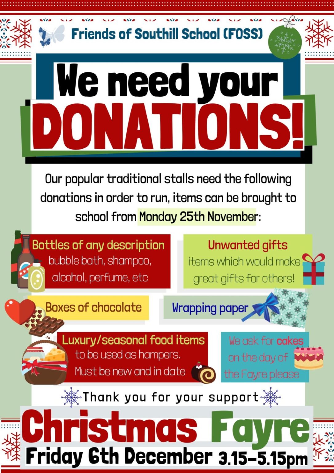 We need your DONATIONS for our Christmas Fayre Southill Primary School